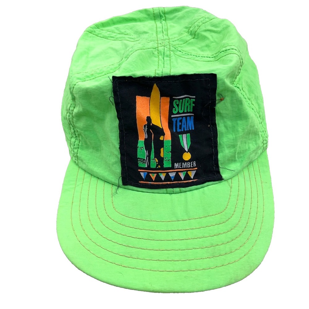 Vintage Surfing Hat Cap Stretch Fit Youth Boys 90s Nylon Surf Club Neon Green